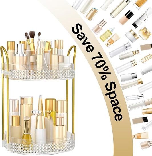 360 Rotating Makeup Organizer 2 Tier, Large Skincare Clear Make Up Storage Spinning Perfume Organizers for Bathroom Counter Dresser, White