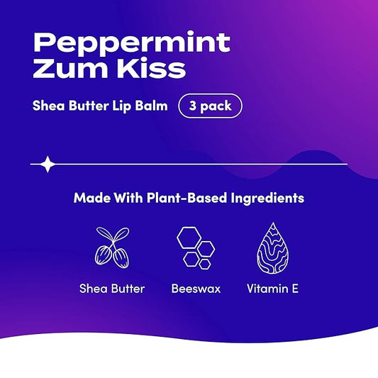 Zum Peppermint Kiss Stick (Pack of 3) with Certified Organic Sunflower Seed Oil, Beeswax, Shea Butter, Pure Essential Oils, Candelila Wax, Vitamin E and Honey, 0.15 oz