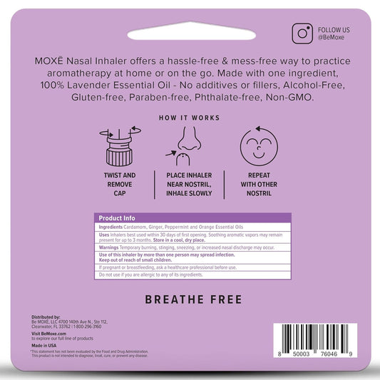 MOXE Lavender Essential Oil Nasal Inhaler, Therapeutic No-Mess Aromatherapy, Relaxation, Naturally Calming, Before Sleep Routine, Uplifts Mood, Pure and Undiluted, Made in USA (1 Pack)