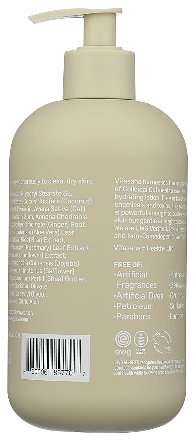 Vitasana Hydrating Hand & Body Lotion, 16 oz – Fragrance‑Free, 99% Plant‑Derived with 2% Colloidal Oatmeal, EWG Verified, Hypoallergenic, Paraben‑Free, Sulfate‑Free, Cruelty‑Free