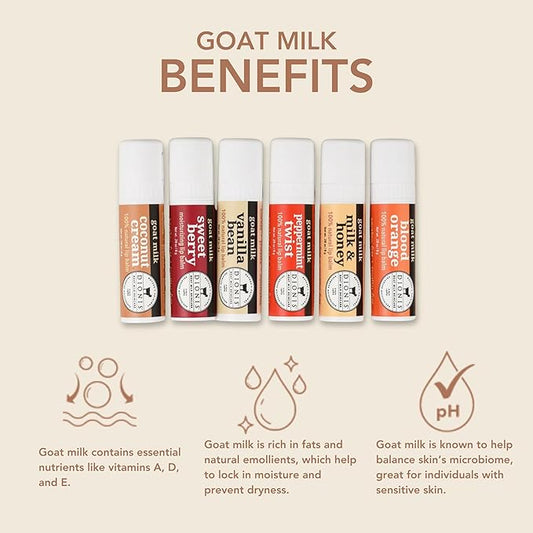 Dionis Goat Milk 6 Pc Lip Balm Ornament - Vanilla, Coconut, Milk & Honey, Berry, Peppermint & Blood Orange Scented Chapstick - Shea Butter & Coconut Oil, Protect & Restore Lips 0.28oz