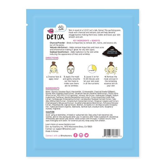 FACETORY K Beauty Face Mask Skin Care - LET'S TALK DETOX PURIFYING Sheet Mask with Charcoal & Volcanic Ash | Pore Refining Charcoal Face Mask (10 Pack)