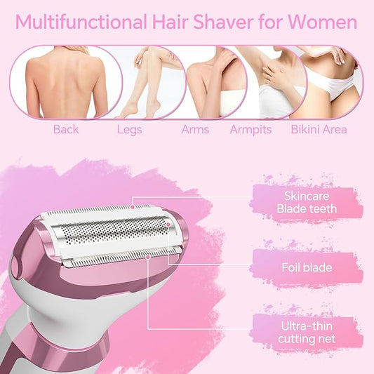 Electric Razor for Women, 4-in-1 Bikini Trimmer & Body Shaver for Nose Hair Face Eyebrow Arms Legs Armpit Underarm Pubic Area, Rechargeable Wet/Dry Painless Hair Removal