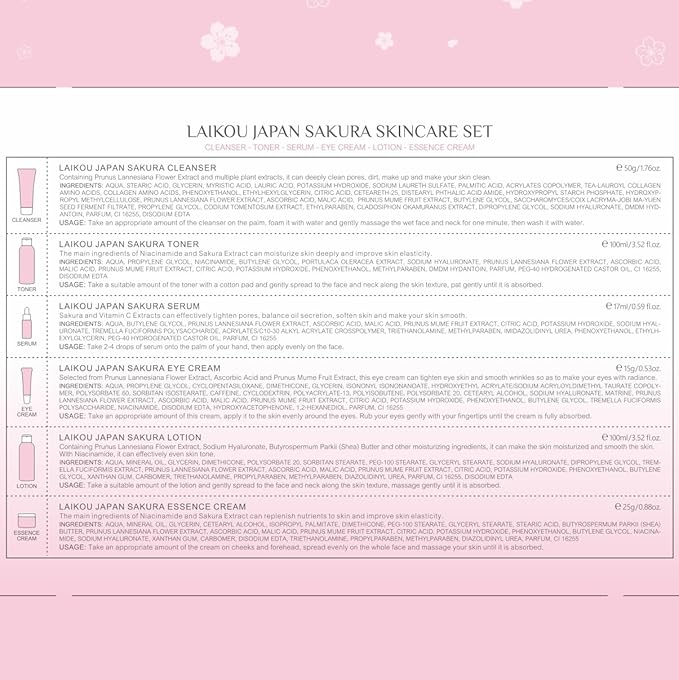 Skin Care Set JAPAN SAKURA Women Beauty Gift Sets Skin Care Kit with Cleanser, Toner, Lotion, Serum, Eye Cream, Face Cream Travel Kit for Women Teen Girls Mom Daughter TSA-friendly Sizes 6pcs