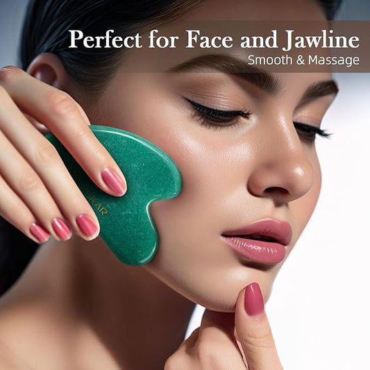 BESKAR Gua Sha Facial Tools, Natural Jade Stone Guasha Massager for Jawline Sculpting, Tighten Face Skin and Reduce Wrinkles, Face Eyes Body Neck Massage Tool, Skin Care Gift