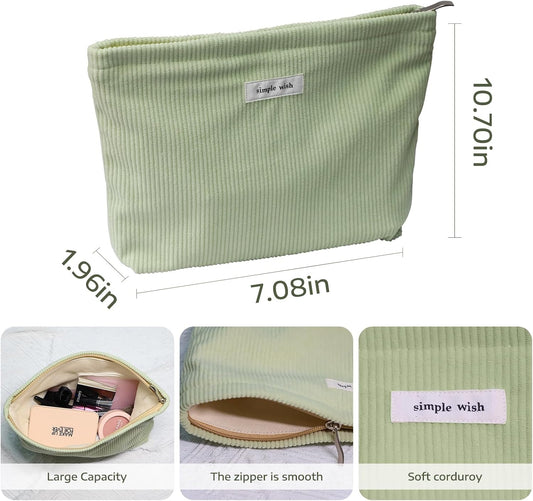 Wudygirl Travel Makeup Bag Portable Cosmetic Bags Large Capacity Makeup Bag Organizer for Women Corduroy Makeup Pouch Pencil Pouch Zipper (Light Green)