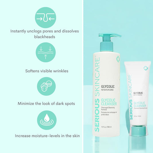 Serious Skincare Glycolic Cleanser - Glycolic Acid Skin Exfoliating Face Wash - 10% Glycolic Acid - Deep Pore Purifying - Removes Makeup, Oil, and Impurities - Shave Prep - Anti-Aging AHA 12 Oz & 4 Oz