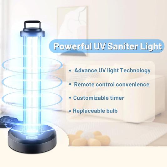 38W UV Sanitizer Light, Portable Ultraviolet Light with 3-Gear Timer and Remote Control, 110V, 99.99% UVC Ozone Free UV Lamp for Home, Office, Hotel, School