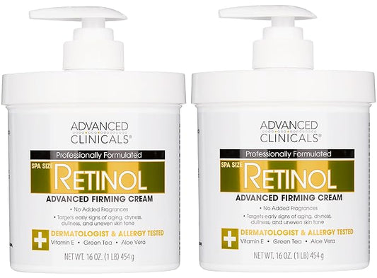 Advanced Clinicals Retinol Cream Face Moisturizer | Crepey Skin Care Treatment | Fragrance Free Body Lotion Targets Look Of Crepe Skin, Wrinkles, & Sagging Skin, 16 Oz (2-Pack)
