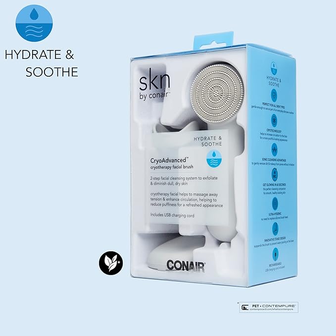 skn by conair Cryotherapy Advanced Facial Cleansing Brush, Featuring Ultra-Hygienic Silicone Brush Head and Cool Plate to Help Soothe Inflammation and Reduce Puffiness