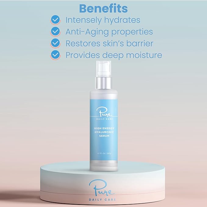 Pure Daily Care High Energy Hyaluronic Serum (4 Fl. Oz) - Hydrating Clinical Grade Hyaluronic Acid.
