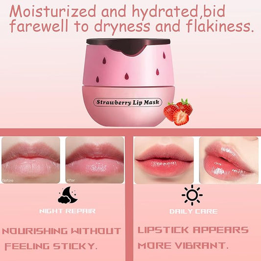 1 PCS Bee Lip Balm Honey Pot, Exfoliating Strawberry Bee Lip Balm Sleeping Lip Mask Overnight with Sticks, Honey Pot Lip Balm Prevention Dry Hydrating and Crack Lip Scrubs