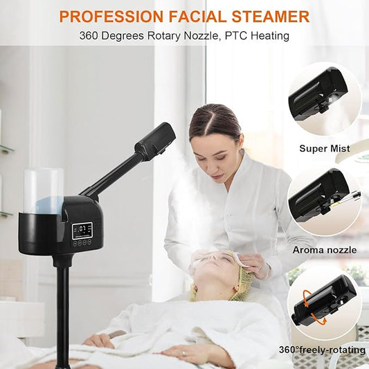 Professional Facial Steamer, Black Facial Steamer Upgrade PTC Heating, Esthetician Steamer Hot Mist Face Steamer for Salon Spa Beauty