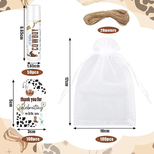 Demissle 50 Pcs Baby Shower Lip Balm Gift Set with 100 Pcs Organza Bags Baby Shower Party Favor for Guest Thank You Tag Rope Baby Shower Party Decoration Gender Reveal Souvenirs (Cowboy)
