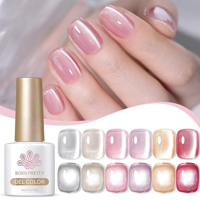 Born Pretty Magnetic Gel Nail Polish Water Light Cat Magnetic Eye Jelly Pink Glass Crystal Gel Polish Glitter Shimmer Auroras Nail Polish LED Nail Art Manicure Kit 6PCS