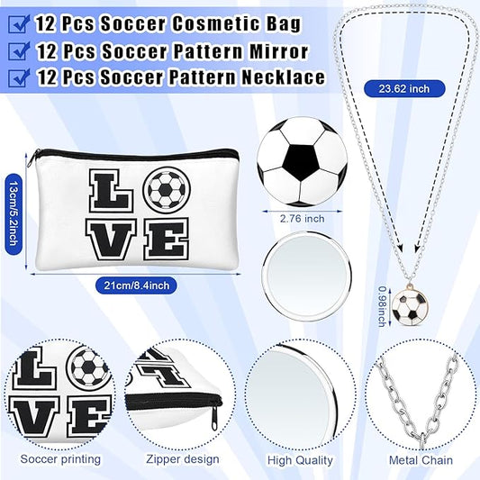 72 Pcs Sports Team Gifts Include 12 Makeup Bags 12 Lip Balm 12 Lip Balm Holder 12 Necklace 12 Adjustable Bracelet 12 Mirrors for Sports Lovers Players Party Favors (Black, Soccer)