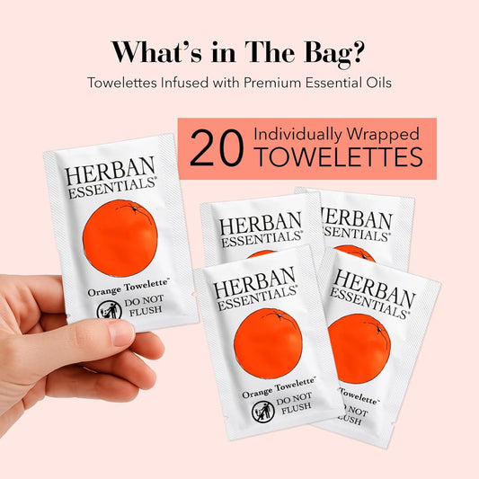 Herban Essentials - Orange Wipes & Towelettes - Essential Oil Wipes for Make Up, Hands, Face & Body - Travel Size Essentials & Toiletries - Natural, Individually Wrapped, Disposable & Moist (20 count)