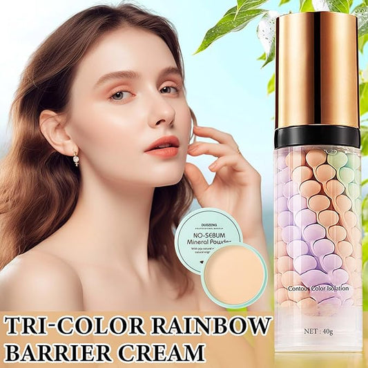 One Step Color Corrector,Natural Isolation Cream,Face Primer Makeup Tricolor Moisturizer,Correcting Primer Concealer Foundation,Setting Powder,Makeup Brushes,Makeup Sponges(4PCS)