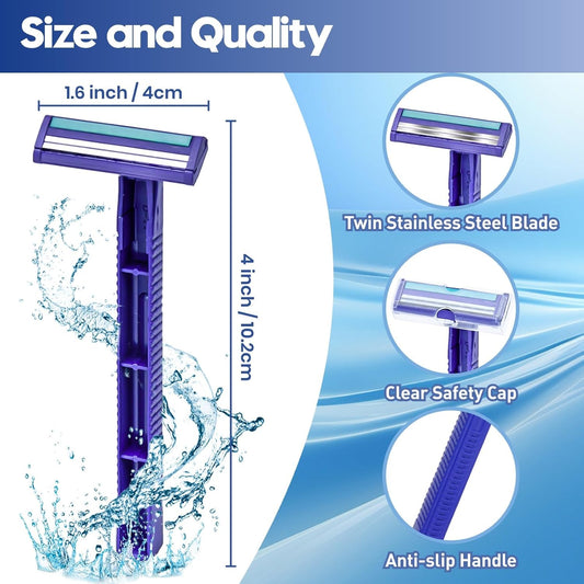 Twin Blade Disposable Razors for Men & Women – 60 Pack Bulk Stainless Steel Shavers with Lubricating Strip & Safety Cap, Non-Slip Handle for Sensitive Skin, Travel, Hotel, Charity (Blue)
