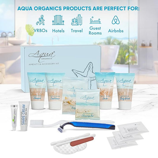 Aqua Organics Amenity & Accessory Kit|1oz Travel Size Shampoo,Conditioner,Lotion,Body Wash,Body Bar, Cleansing Bar, Shave & Dental Sets, Make-Up Remover Wipes & Vanity Kit|60 sets