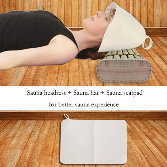 Bamboo Sauna Headrest Pillow, 100% Natural Handmade Wood Sauna Pillow Sauna Neck Rest Sauna Accessory, Bonus Sauna Cap and Seat Pad Included, Summer Cool Cervical Spine Pillow (1 Set)