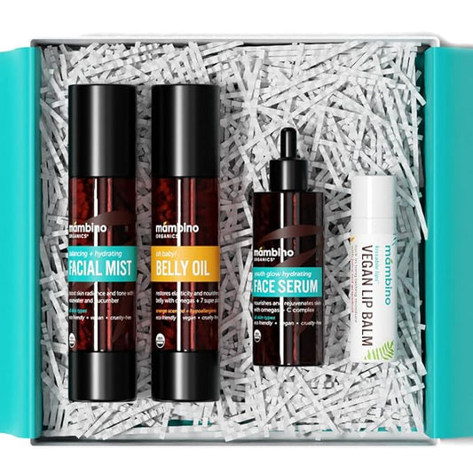 First Trimester Set – All Natural Skincare Pregnancy Gift Box – Anti-stretch mark Belly Oil, Rose Facial Mist, Youth Glow Face Serum, Lip Balm - Mambino Organics
