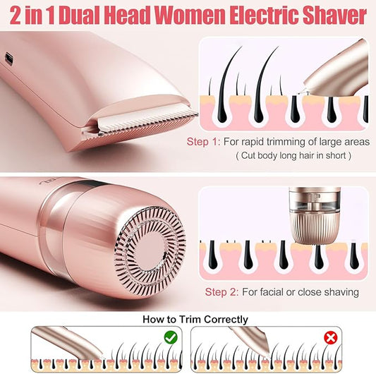 Bikini Trimmer for Women 2 in 1, Dual Head Womens Electric Shaver, Electric Razors for Pubic Hair, IPX7 Waterproof Rechargeable Facial Hair Removal for Shaving Underarm Leg Arm Body Face, Rose Gold