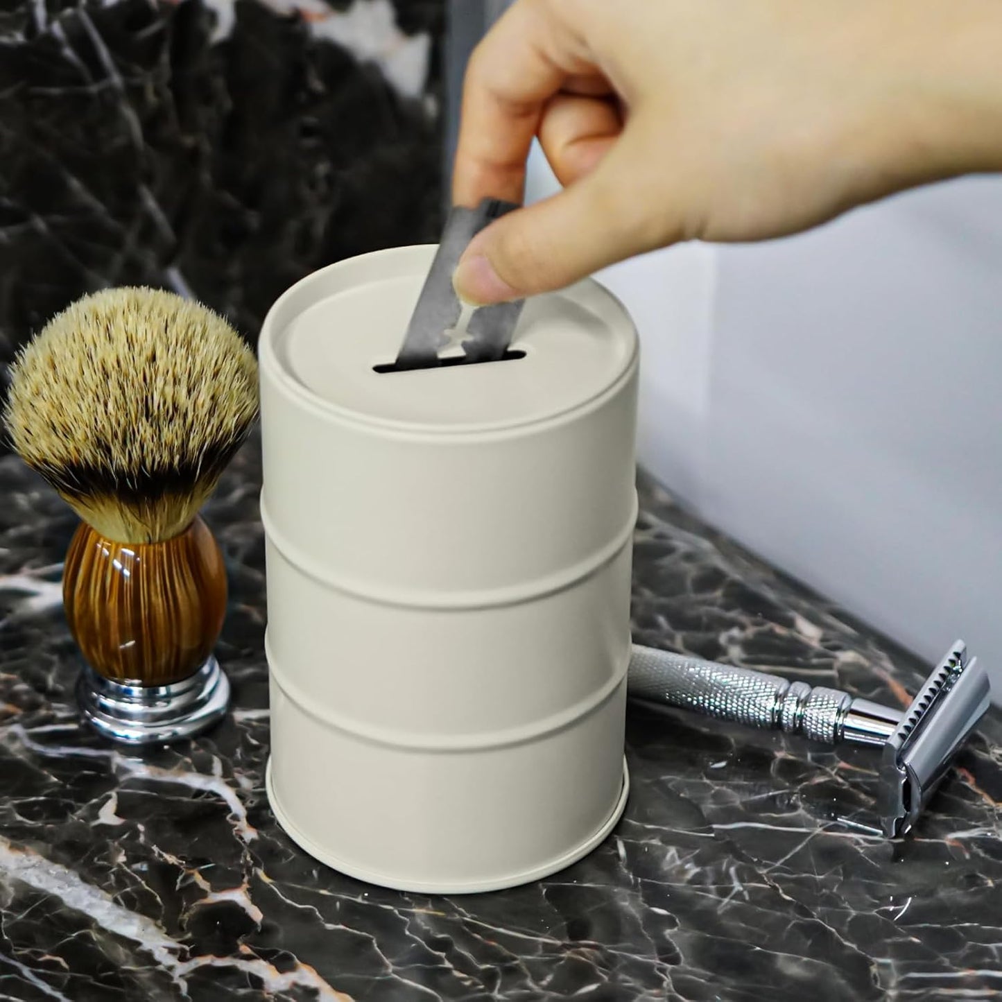 Linkidea Safety Razor Blade Disposal Container Box, Metal Razor Disposal Case Safe Bank for Storing Used Wasted Blades (White)