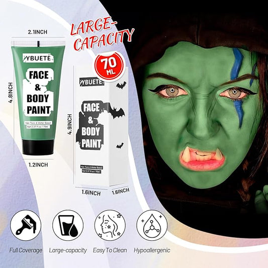 Green Water Based Face Body Paint for St. Patrick’s Day, 2.37 OZ Large Tube Full Coverage Face Paint for Cosplay Gamora Hulk Witch, Washable Green Body Painting Cream Adult Halloween SFX Makeup