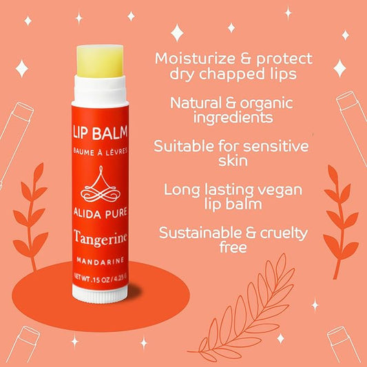 Tangerine Lip Balm, Vegan Lip Balm Set, Beeswax Free, with Avocado Oil, Organic Jojoba Oil, Candelilla Wax, and Vitamin E, Natural Moisturizer For Dry, Chapped, or Cracked Lips, 3 Tube Set