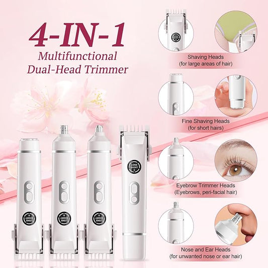 Bikini Trimmer for Women, 4 in 1 Wet/Dry Electric Razors for Women - Dual Head, Painless Rechargeable Portable Womens Razors for Shaving Set for Face, Nose, Eyebrows, Armpits, Bikini Area (White)