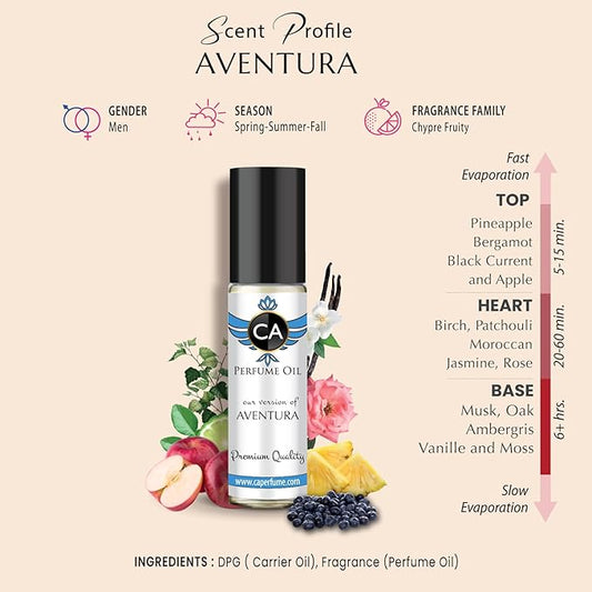 CA Perfume Impression of Aventura for Man Fragrance Body Oils Alcohol-Free Essential Sample Travel Size Roll-On 0.3 Fl Oz/10 ml