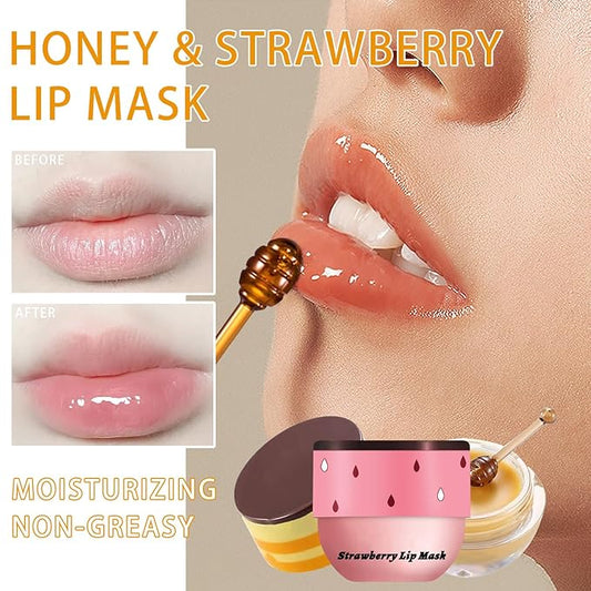 4PCS Bee Lip Balm Honey Pot, Honey Strawberry Lip Balm Lip Mask with Stick, Moisturizing Sleeping Lip Mask Day & Night Lip Care - Hydrate Repair Prevent Dry Cracked Scrub (2 Honey & 2 Strawberry)