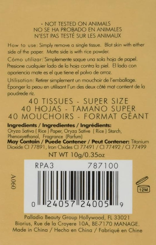 Palladio Rice Paper Facial Tissues for Oily Skin, Face Blotting Sheets Made from Natural Rice, Oil Absorbing Paper with Rice Powder, 2 Sided, Instant Results, Natural, 40 Count, Pack of 1