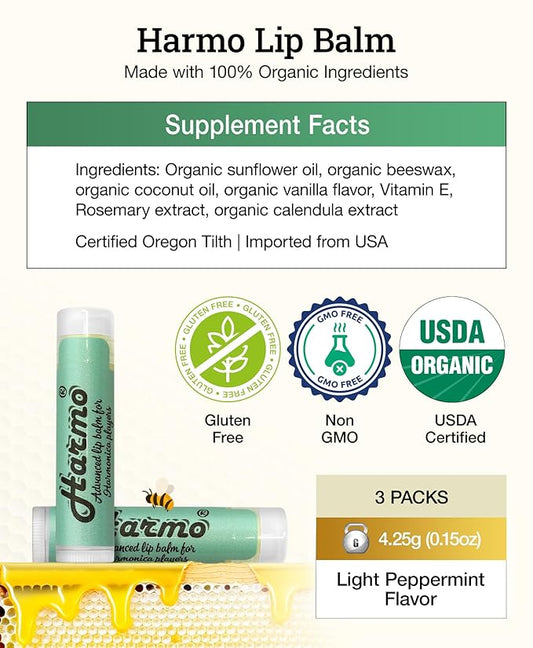 Harmo - Organic Lip Balm, Moisturizing Natural Lip Balm with Coconut Oil & Vitamin E, 3 Pack Mint Flavor - with Coconut Oil, Vitamin E- Made in USA