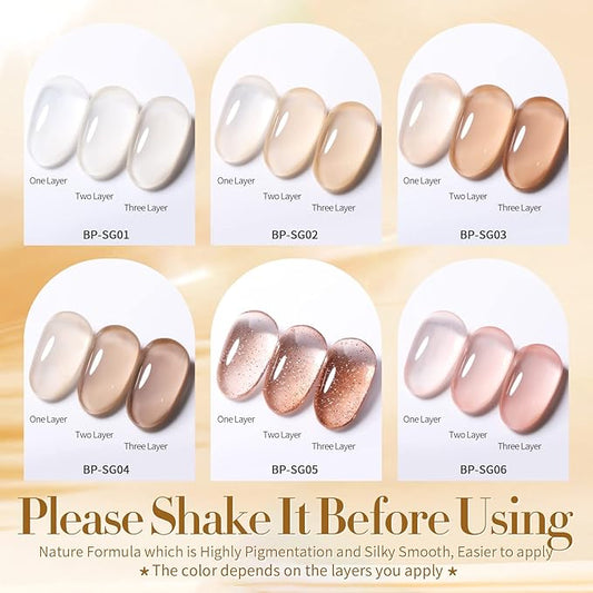 Born Pretty Jelly Gel Nail Polish Nude Set Crystal Transparent Translucent Sheer Clear 6 Colors Gift Collection Manicure Kit