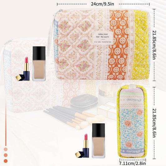 2PC Makeup Bag Set, Cute Cosmetic Bag for Women Girls, Floral Coquette Aesthetic Toiletry Bag, Travel Make Up Organizer Bag (Color-Coded Floral)