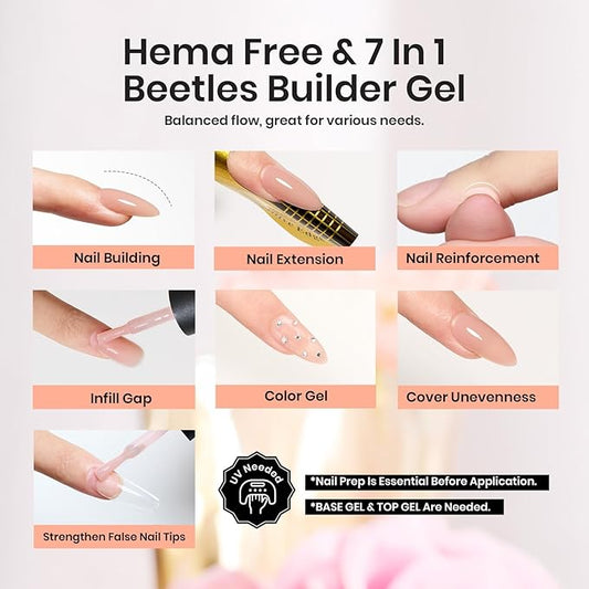 Beetles Builder Gel 7 in 1 Strengthener Gel Nail Polish Nude Color Jelly Beige for Nail Apex and Extension Cover Building Nail Salon DIY Manicure Design