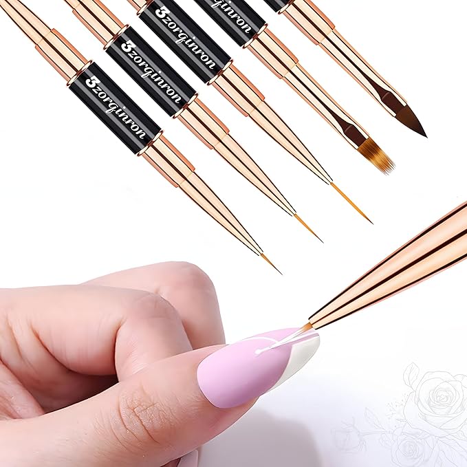 Nail Art Bushes Set, Professional 5Pcs Double-Ended Nail Brush Kit for Details, Long Lines, Ombre & 3D Design-Perfect for DIY Manicures & Salons (Black)