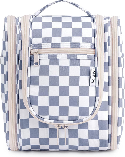 Narwey Small Checkered Hanging Travel Toiletry Bag for Women, Travel Bag for Toiletries, Makeup Bag Organizer Cosmetic Bags Make Up Bags for Women (Grayish Blue Checkerboard)