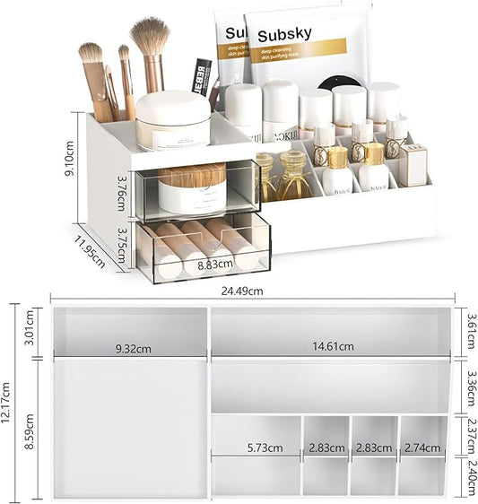 Subsky Makeup Organizer with Drawers, Easy Storage for Beauty Products Brushes, Multifunction Plastic Desk Organizer, Cosmetics Organizer for Countertop Dresser Vanity and Bathroom (White)