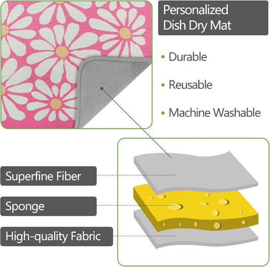 SHIYUE Dish Drying Mat for Kitchen Counter Super Absorbent Spring Kitchen Decor Microfiber Drying Matainers Rack Fast Pad Dish Drainer Mats(Pink Flower,16''x18'')