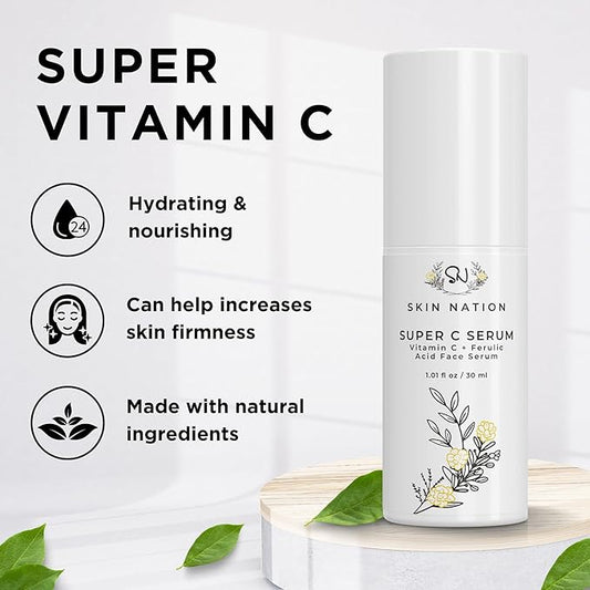 Skin Nation Super Hydrating Vitamin C Face Serum with Ferulic Acid, Aloe Vera, Rosehip Oil, Can Help Smooth Skin Texture and Supports Firmer Skin, for Dry and Sensitive Skin