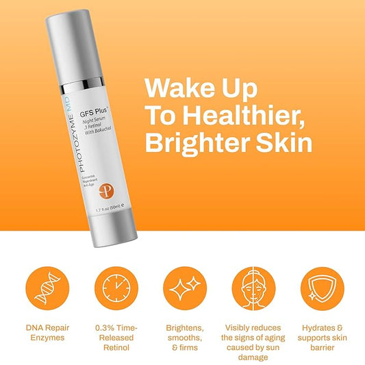 Photozyme GFS Plus Night Serum with 0.3% Retinol and Bakuchiol – Gentle Anti-Aging Peptide Formula – Reduces Wrinkles, Sun Damage & Dark Spots – Firms, Brightens & Smooths Skin – 1.7 fl oz