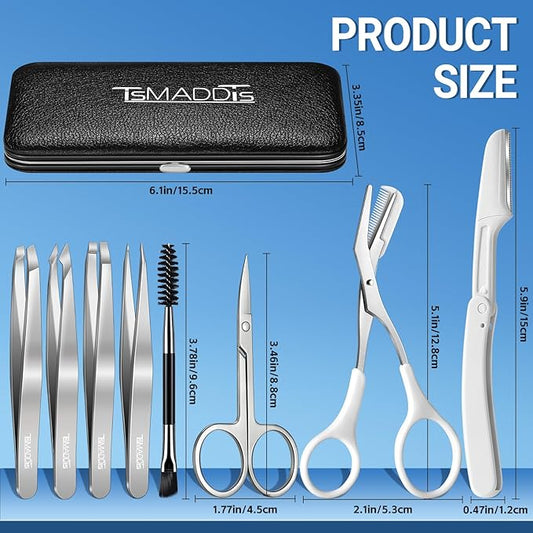 TsMADDTs Tweezers for Women Facial Hair, 8 in 1 Eyebrow Kit with Tweezers, Scissors, Razor, Brush with Travel Bag, Eyebrow Shaping Kit