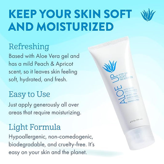 ALOE UP Spa Collection After Sun Light Moisturizer - Organic Hydrating After Sun Lotion With Aloe Vera Gel and Vitamin E - Reef Friendly - Mineral Oil Free - Peach-Apricot Fragrance - 4 Oz