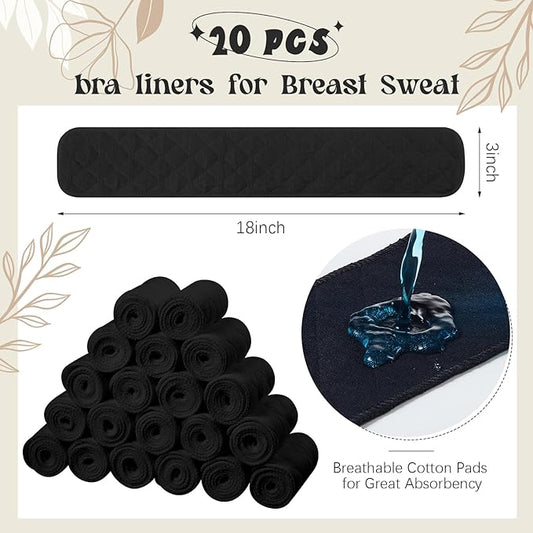 Toulite 20 Pcs Bra Liners for Sweat 18x3 Inch 3 Layer Washable Rectangle Cotton Under Breasts Pads for Women Absorb Sweating