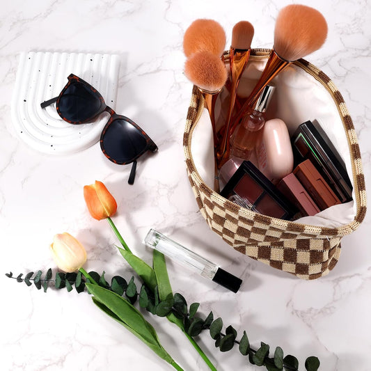 ZLFSRQ 2Pcs Checkered Makeup Bag for Women Large Small Checkered Cosmetic Bag Set Aesthetic Preppy Pencil Case Cute Pencil Pouch Brown Makeup Pouch for Purse Travel Toiletry Bags Zipper Skincare Bags