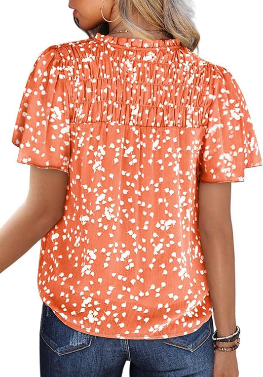 SHEWIN Women's Casual V Neck Floral Print Smocked Short Sleeve Chiffon Blouses Bohemian Top Shirts