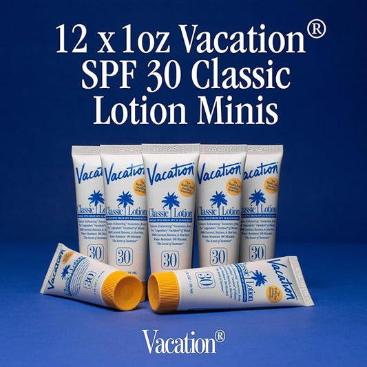 Vacation Mini Classic Sunscreen SPF 30, Water-Resistant, Bulk Suntan Lotion, Bachelorette Party Favors, Beach Must Haves, Traveling Essentials, Travel Size, 1 Fl. Oz. (Value Pack of 12)